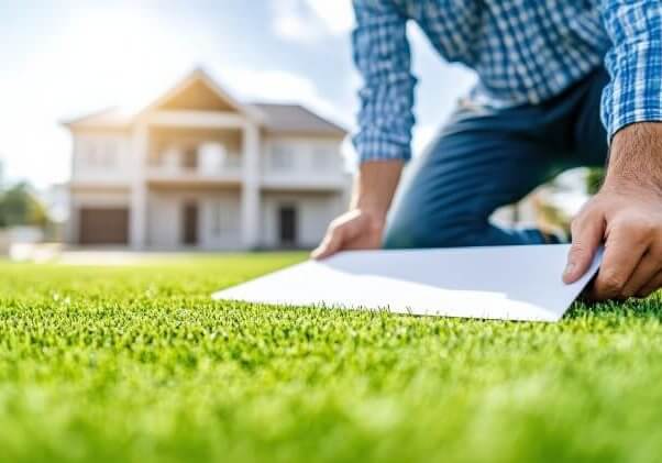 A person measuring grass in a lawn with a template, showcasing home improvement and landscaping skills in a sunny environment.